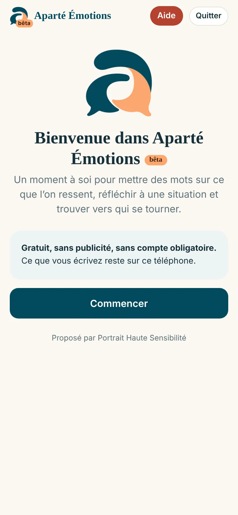 Écran « Bienvenue » : Gratuit, sans publicité, sans compte obligatoire.