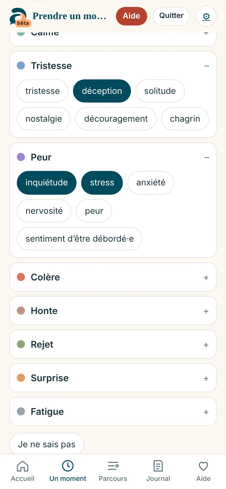 Écran « Trouver les mots » : Plusieurs émotions à la fois, ou « je ne sais pas ».