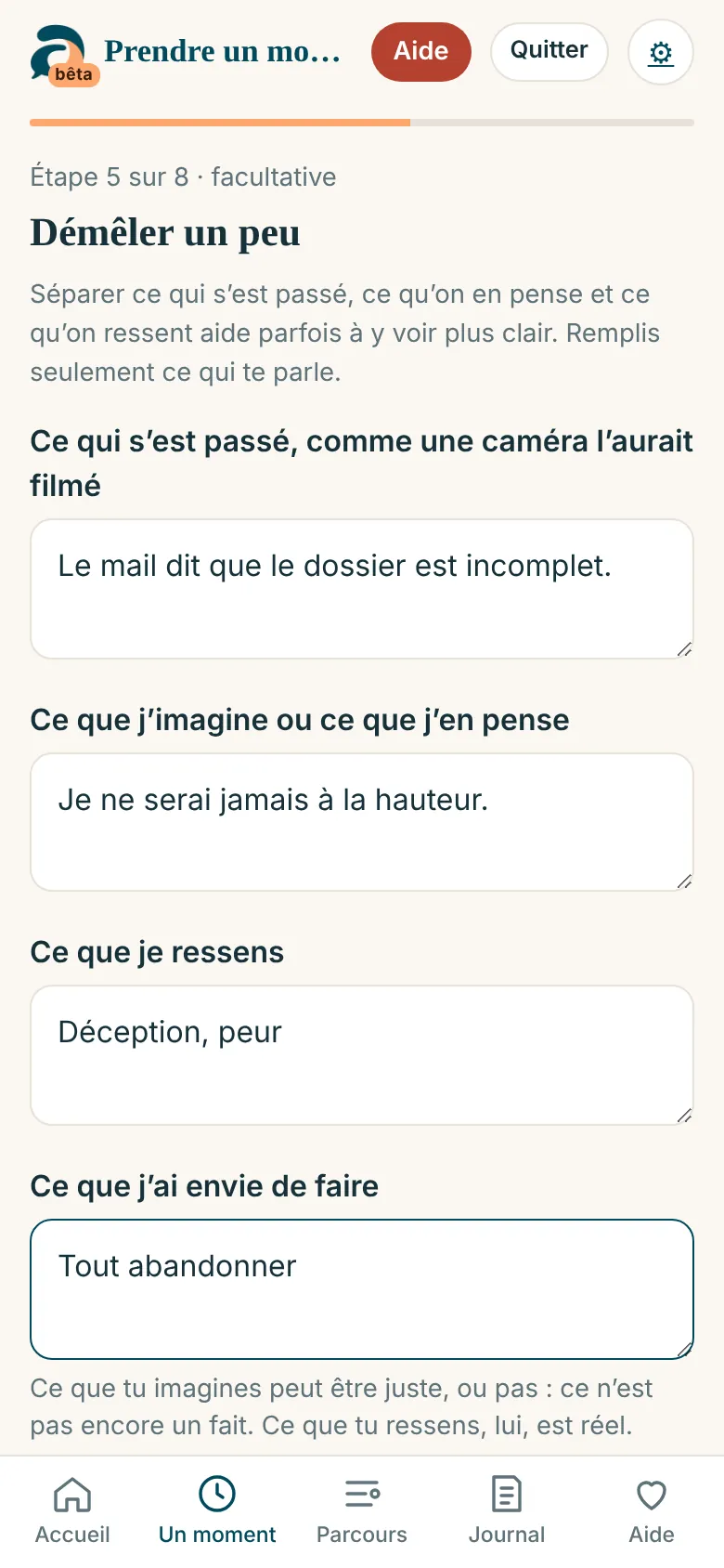 Écran « Démêler » : Distinguer ce qui s’est passé, ce qu’on en pense, ce qu’on ressent.
