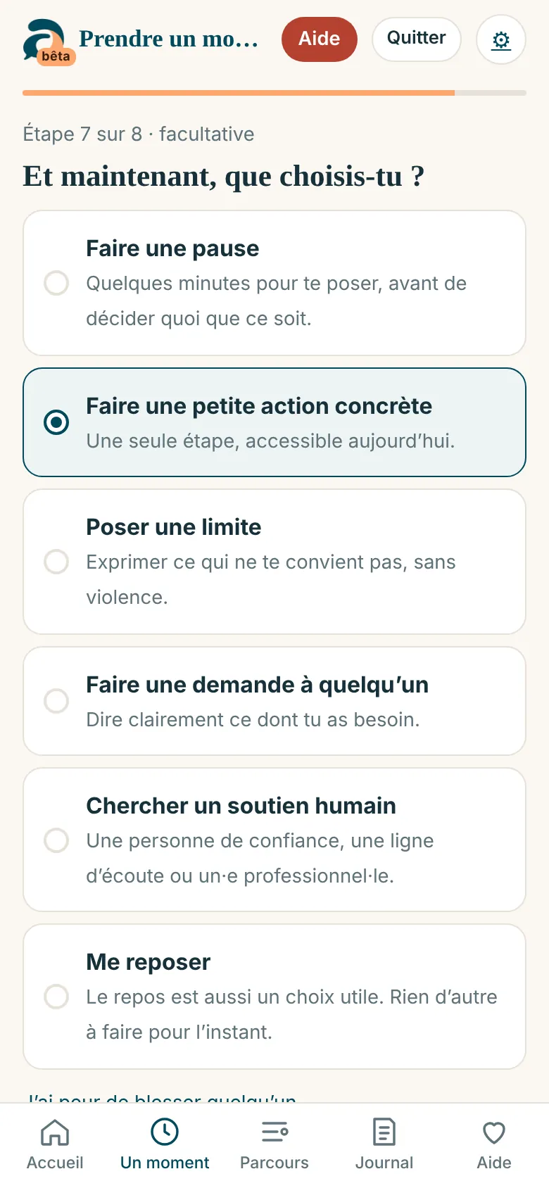 Écran « Choisir » : Une pause, une petite action, une limite, ou un soutien humain.