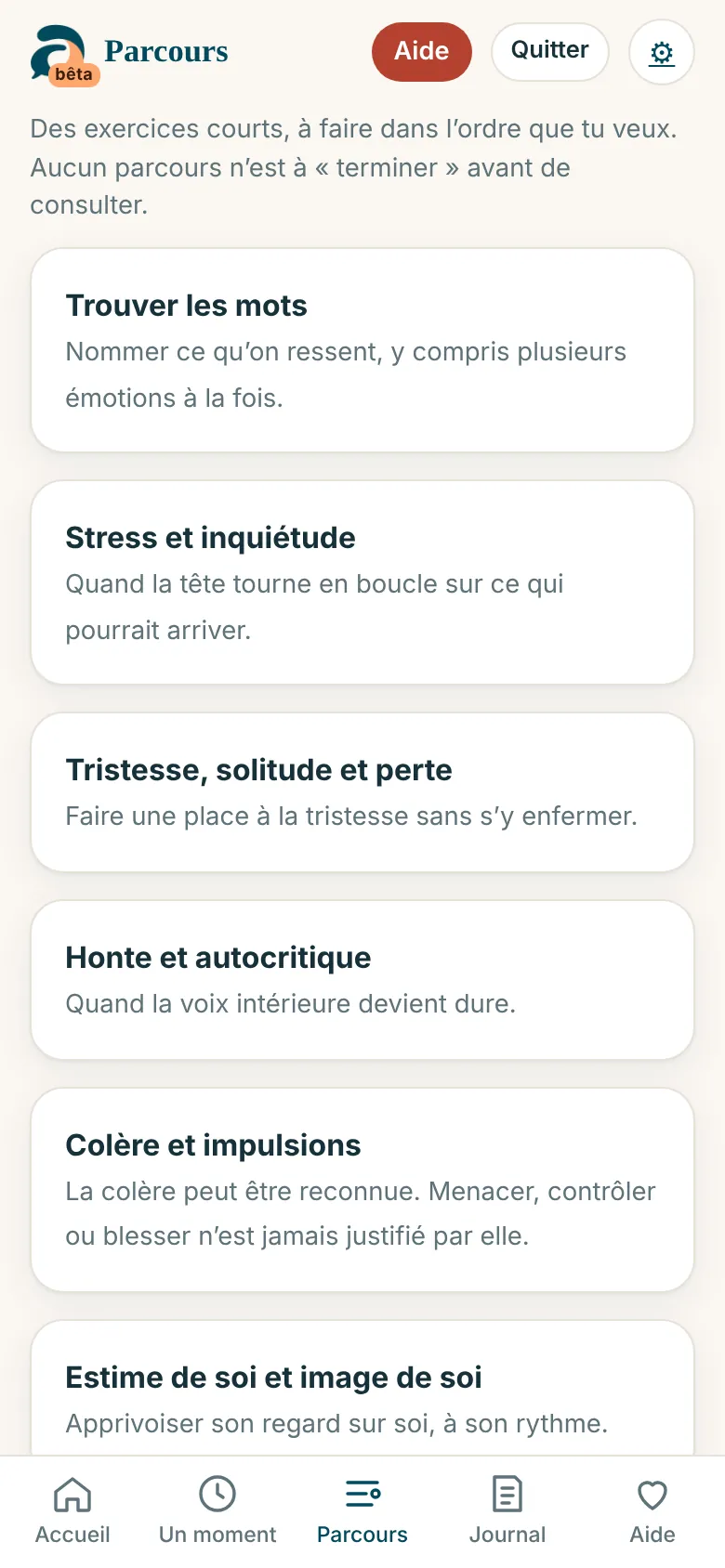 Écran « Parcours » : Stress, colère, image de soi, relations, discriminations…