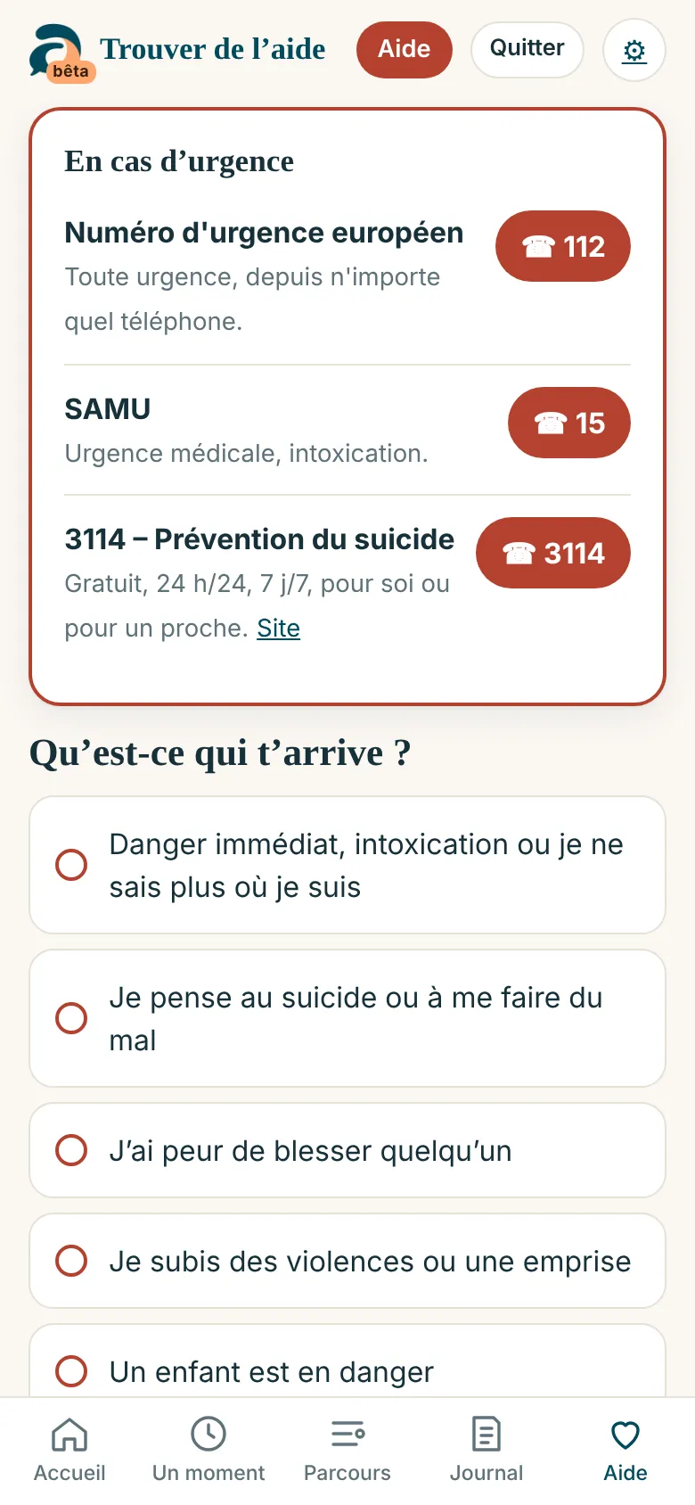 Écran « Trouver de l’aide » : Les bons numéros selon la situation, accessibles sans compte.