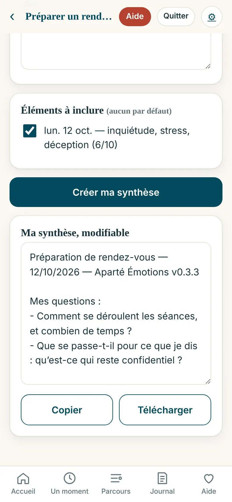 Écran « Préparer un rendez-vous » : Une synthèse modifiable, que l’on choisit de montrer ou non.