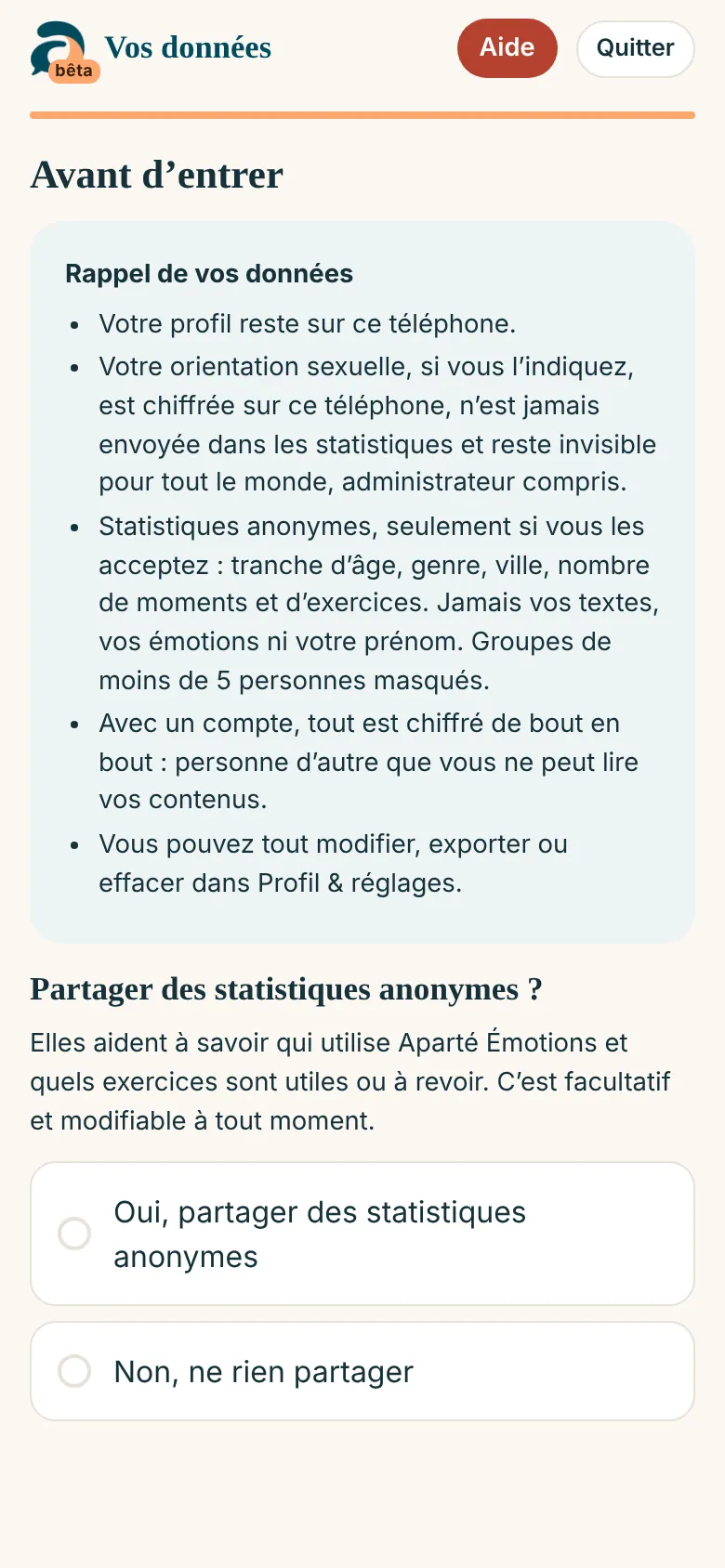 Écran « Vos données » : Tout reste sur le téléphone. Statistiques anonymes seulement si vous l’acceptez.