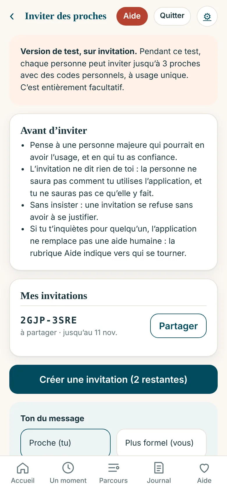 Écran « Inviter des proches » : Pendant la bêta, quelques invitations personnelles à partager avec des personnes de confiance.